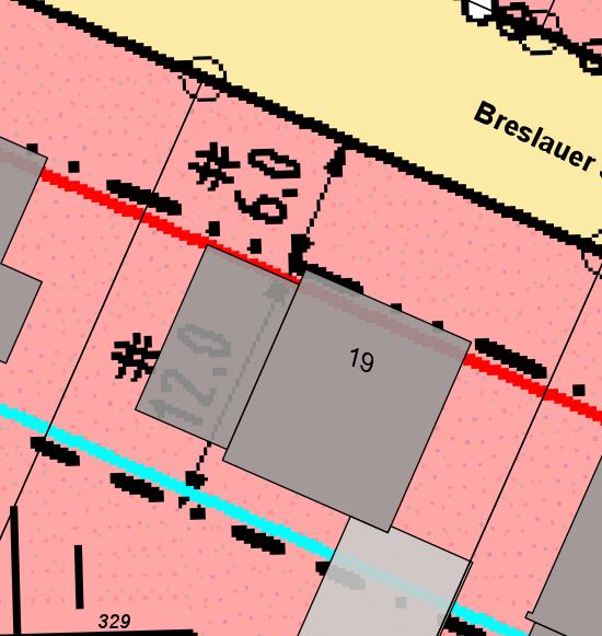 Das Bild zeigt eine B-Planausschnitt mit einer Bebauungsgrenze an der vorderen und hinteren Grundstücksgrenze